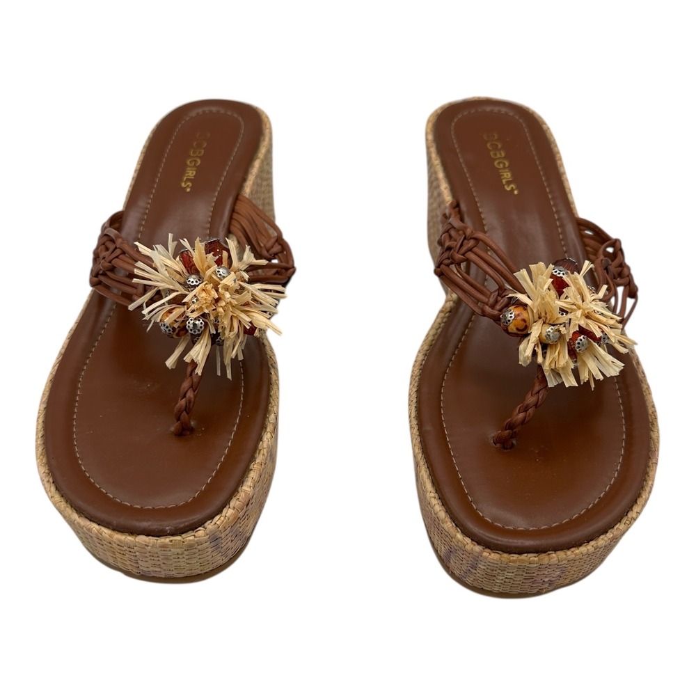 BCBGirls Women's Brown Wedge Espadrille Thong Sandals Beaded Straw‎ Size 10B